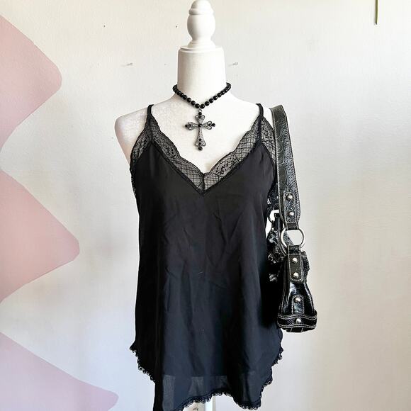Black Lace Trim Tank Top, Goth Whimsigoth Grunge Indie Sleaze Large - Picture 1 of 5